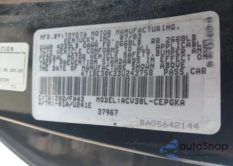2003 Toyota Camry Xle from USA, damaged, VIN 4T1BE30K33U243758